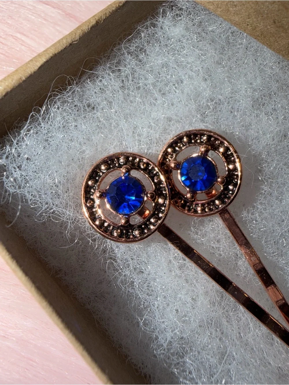 Macy's Rose Gold Bobby Pins with Blue Crystal Centers